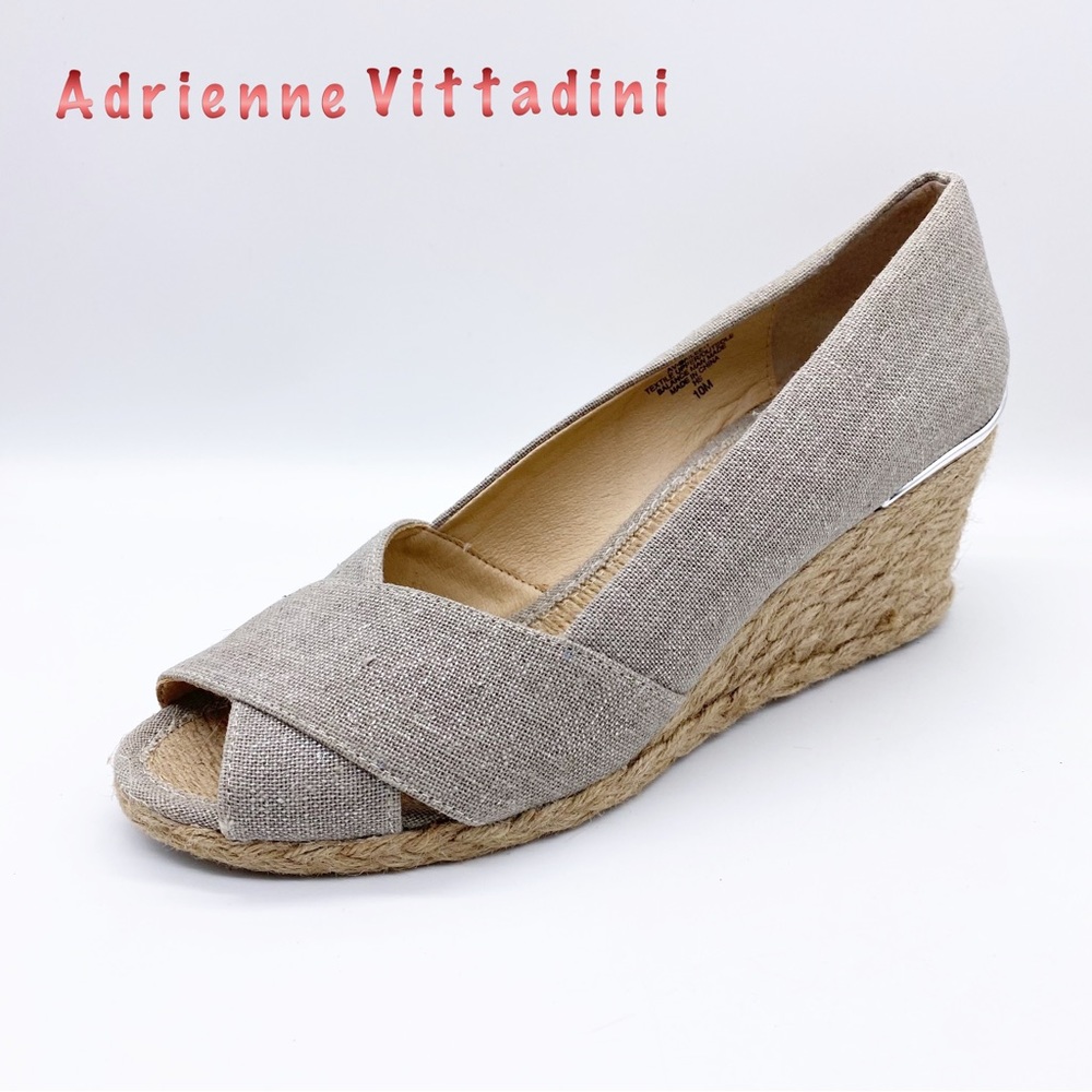 Adrienne Vittadini-Taupe silver thread open toe criss cross espadrille wedge 10